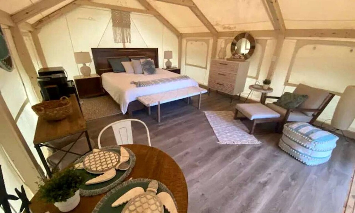 Bastrop RV Rental | Peaceful Lakefront Safari Tent with Fire Pit and Lake Views near Austin, Texas